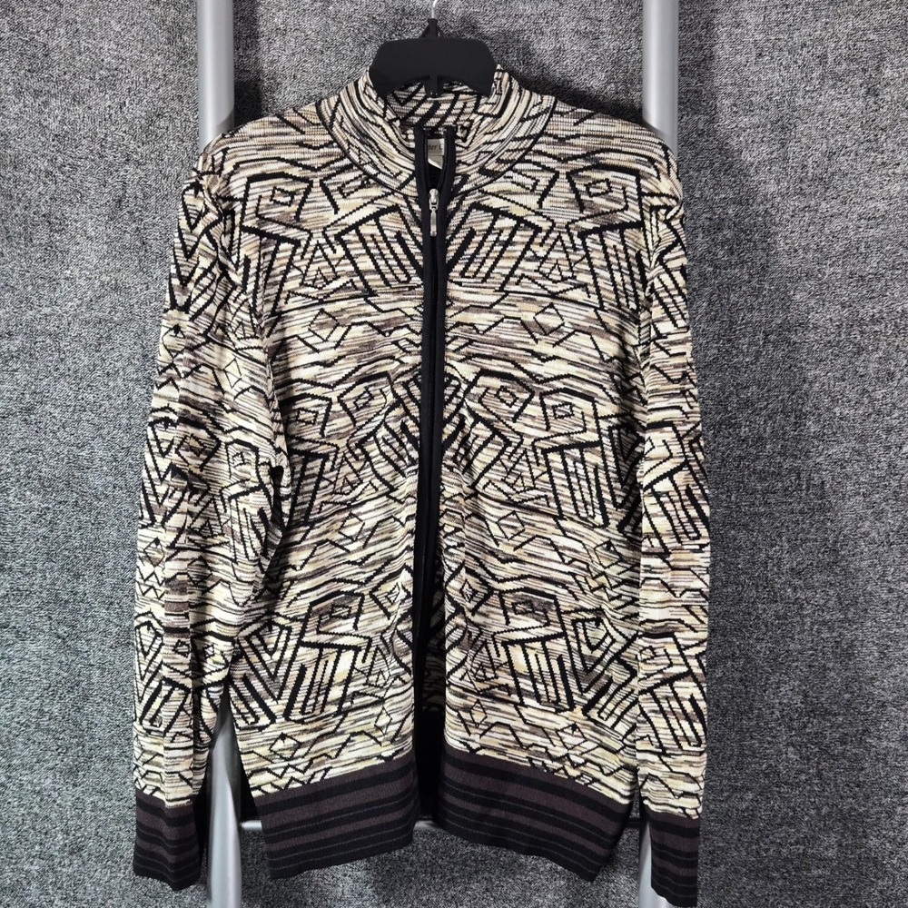 Coldwater Creek Womens XL Full Zip Geometric Tribal Print Cardigan Sweater Brown